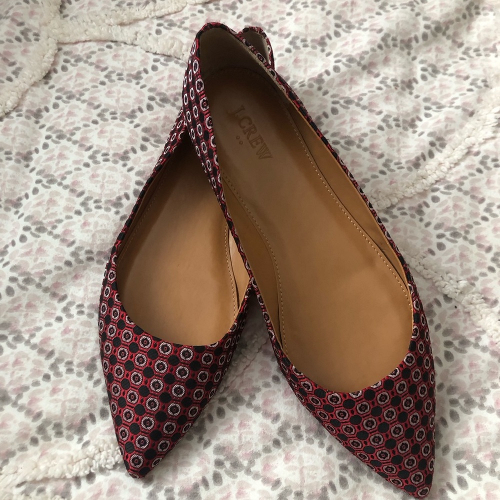 J. Crew Red and Black Patterned Pointed-Toe Flats size 10.